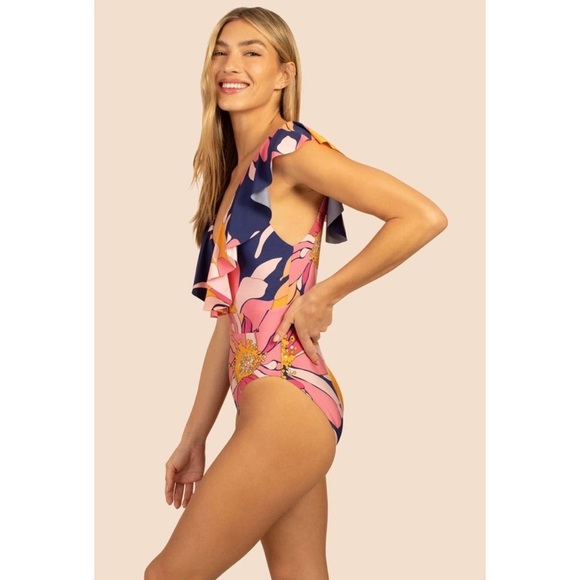 Trina Turk Breeze Ruffle Plunge Floral Tie Back One Piece Swimsuit Size 12 - Picture 2 of 8